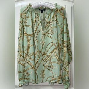 Ralph Lauren Peasant Chiffon Blouse, Equestrian Theme in Sage Green NWT
